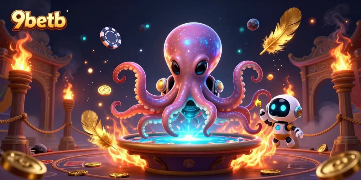 Join the adventure at 9betb with an octopus dealing poker in a vibrant cosmic casino