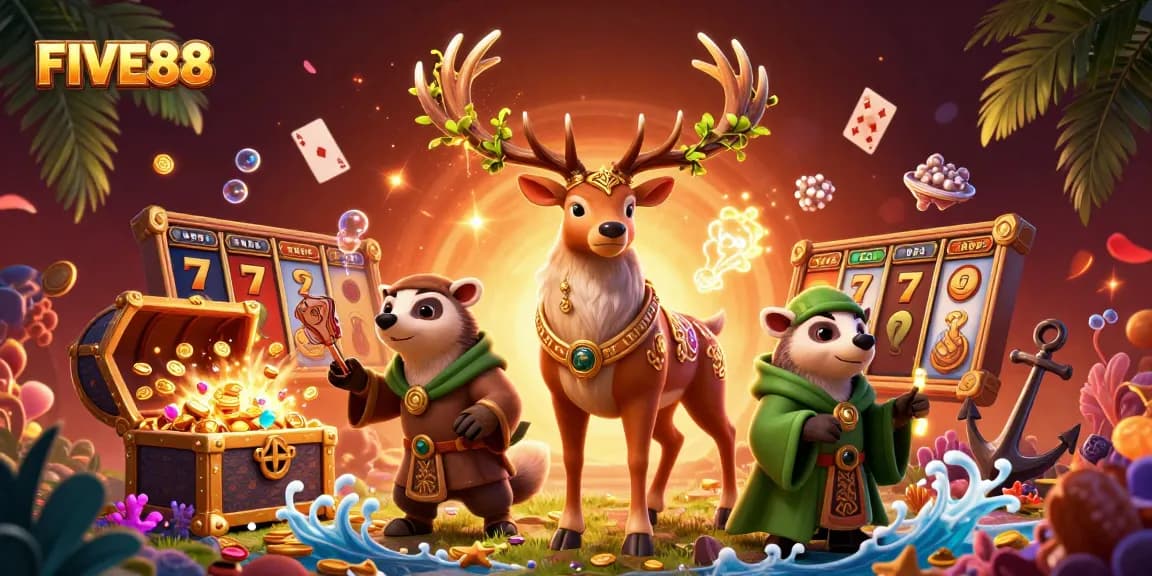 Engage in FIVE88's thrilling slots experience with a vibrant 3D scene of fantasy characters and gaming elements.