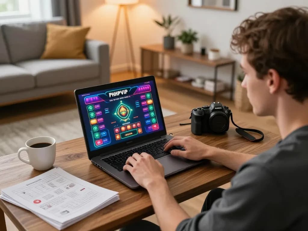 Engaging in PHPVIP online casino gaming with focused player at home setup