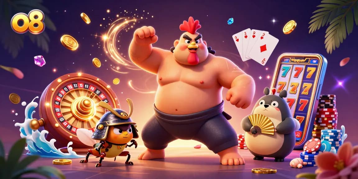 Experience vivid gameplay at o8 with thrilling characters showcased in a dynamic casino scene.
