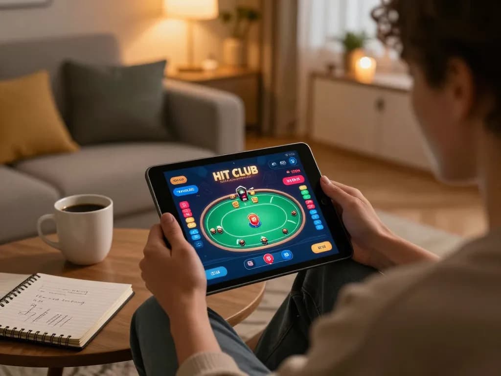 Player exploring hit-club casino app for strategic gaming experience in cozy home setting
