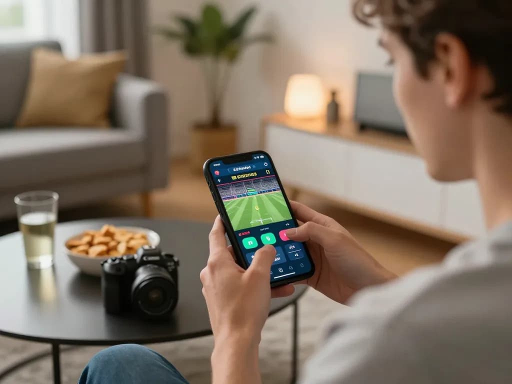 Engaging with Hubet's live sports betting app on a smartphone in a cozy home setting