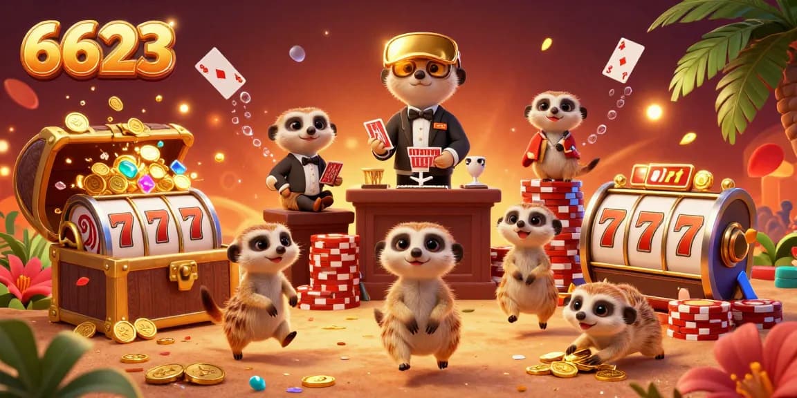 Engaging scene displaying 6623 meerkats effectively operating a vibrant casino with rich game elements.