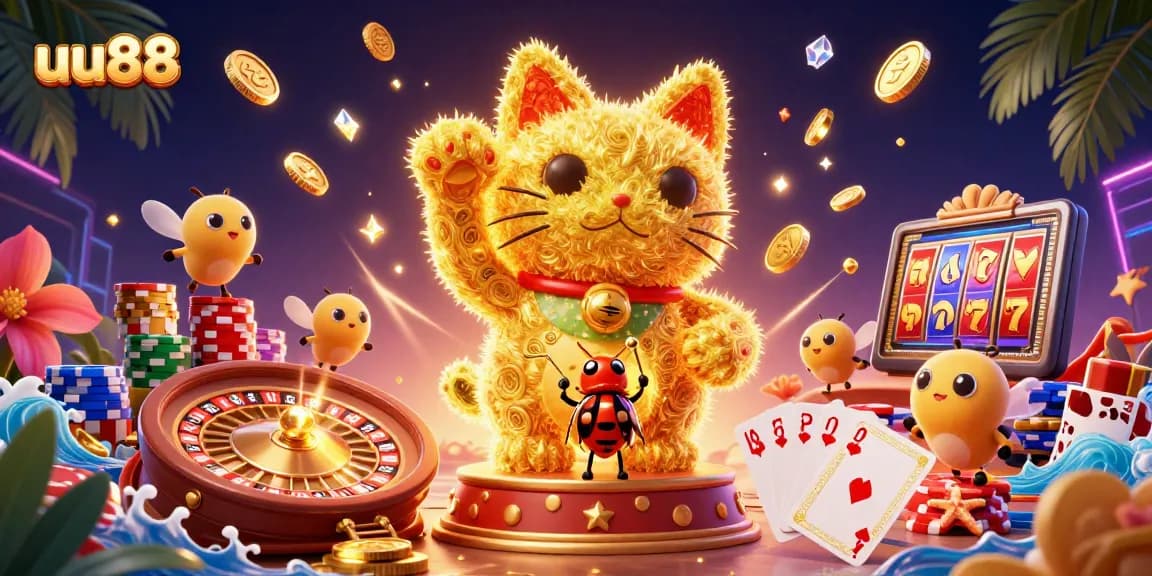Experience the thrill of uu88 with a vibrant lucky cat illustration featuring cascading coins and casino elements.