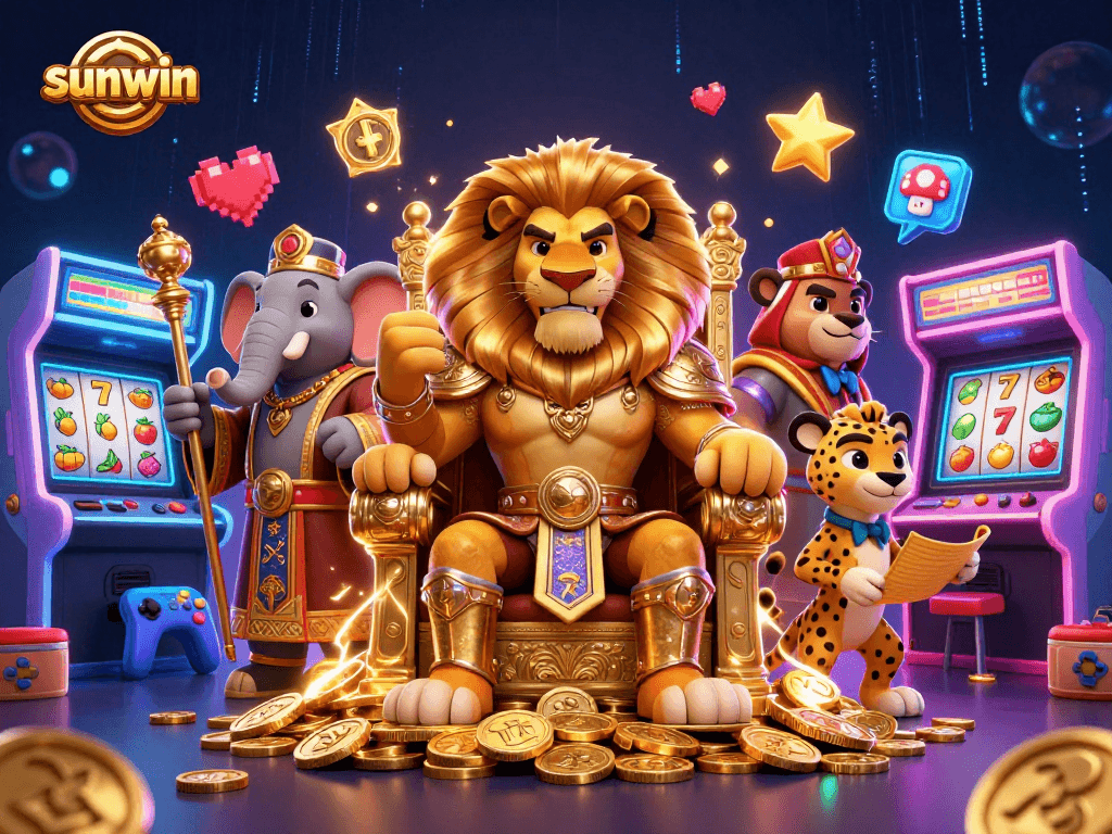 Play exciting slots with sunwin in a vibrant 3D cartoon casino scene featuring unique characters and game elements.
