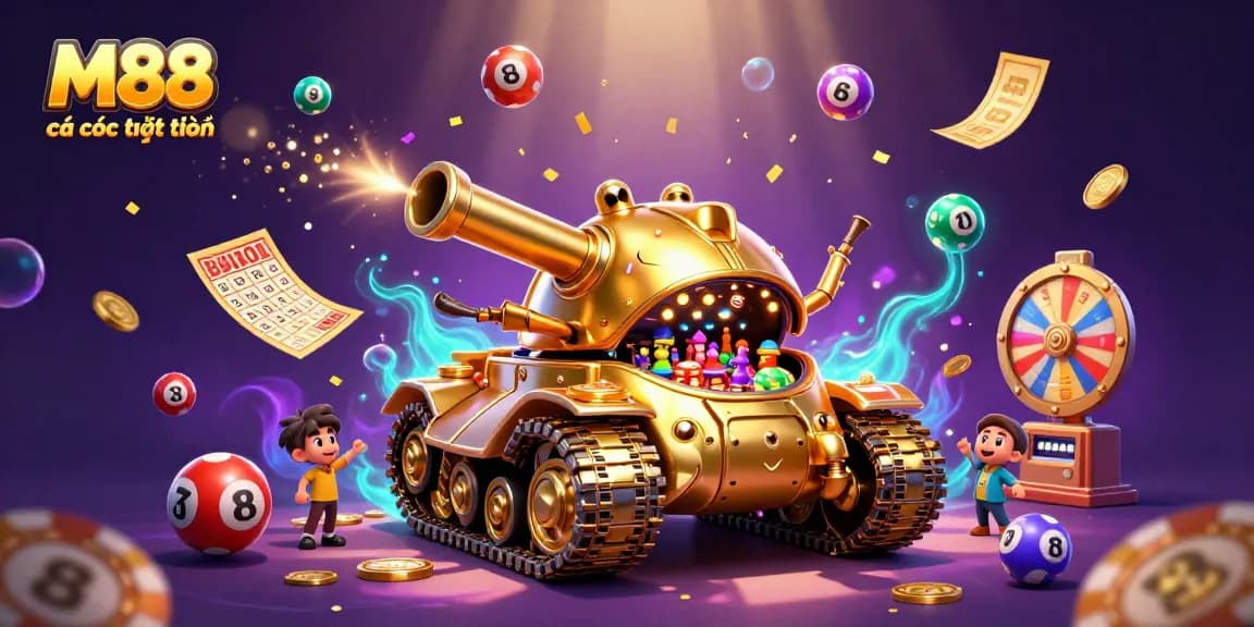 M88 cá cược trực tuyến brings excitement with a golden casino beetle tank and dynamic lottery elements.
