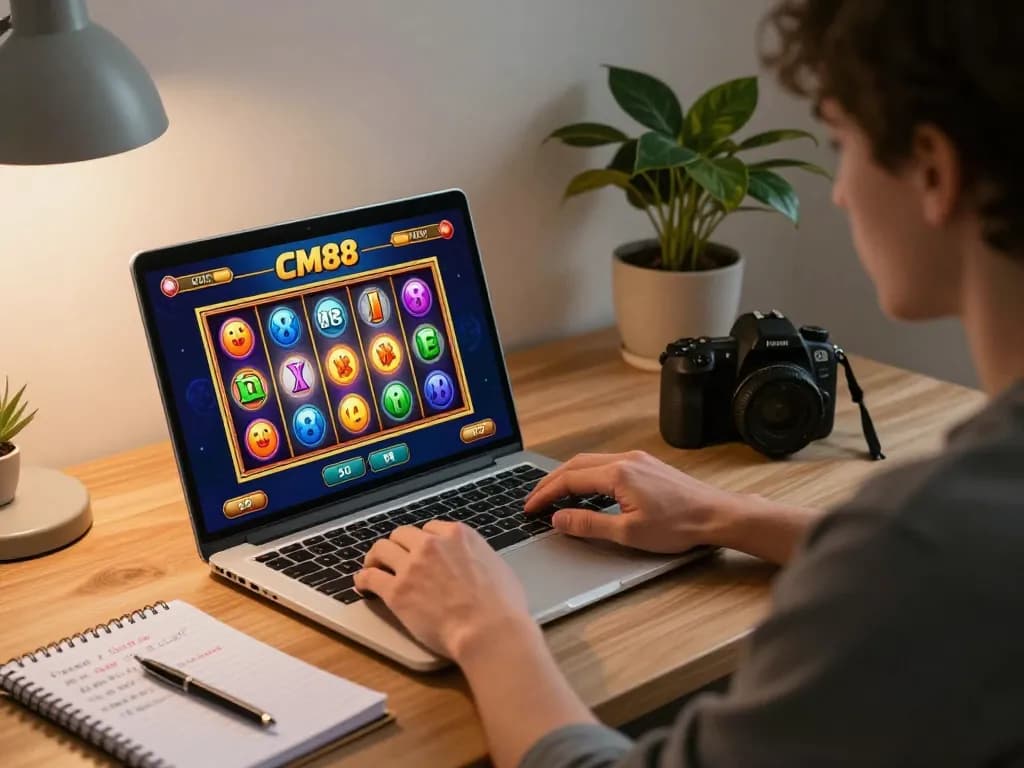 Player enjoying exciting slots on CM88 while strategizing at home, highlighting responsible gaming.
