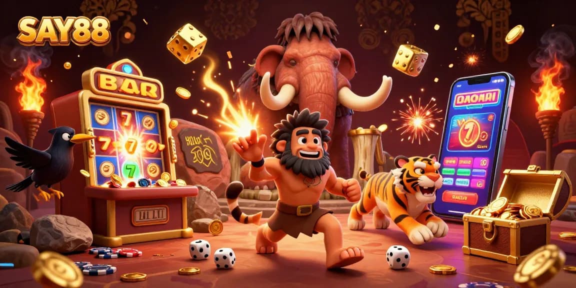 SAY88 offers thrilling casino experiences with vibrant characters, slot machines, and jackpot explosions in this lively illustration.