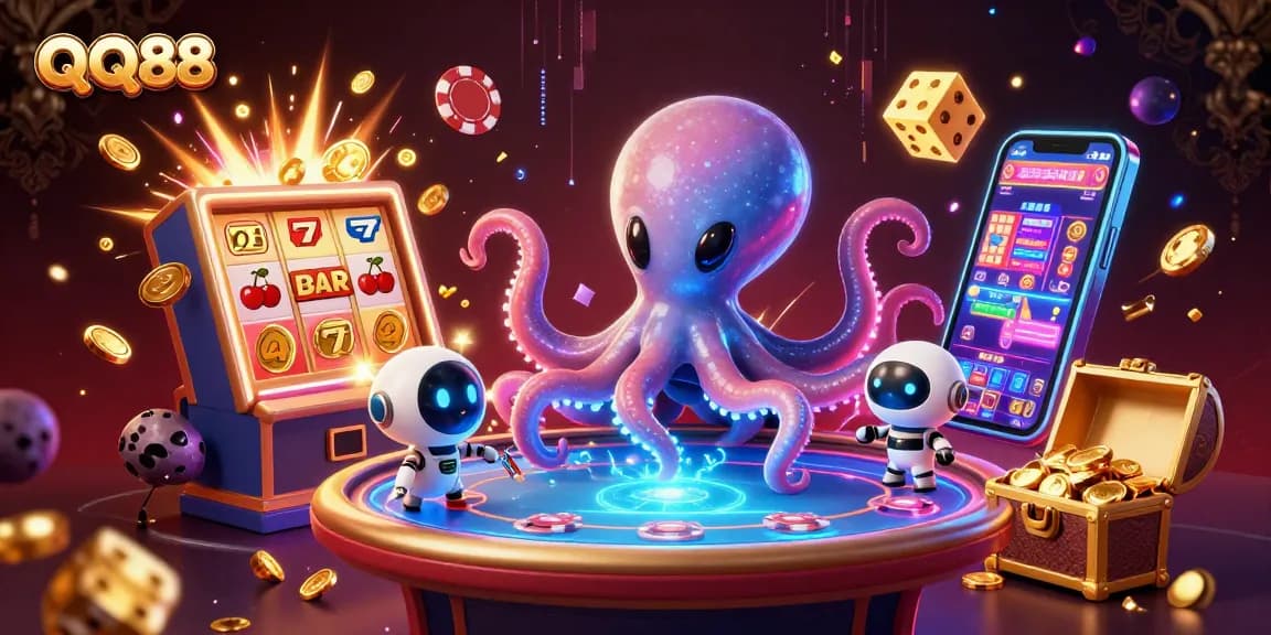 Experience QQ88 gaming action with an alien octopus at a poker table, jackpot elements exploding around.