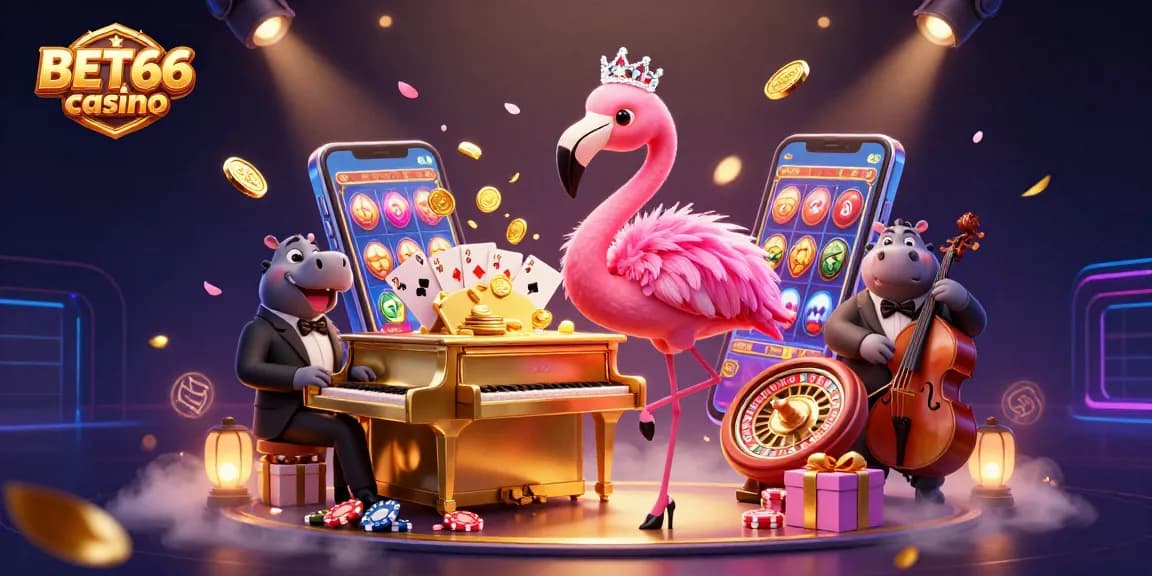 Engage with the vibrant atmosphere of BET66 casino featuring lively 3D characters and interactive gaming elements.
