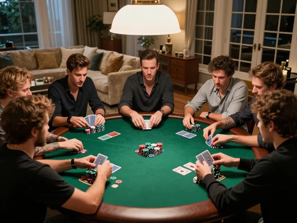 Players engaging in an intense poker game with hbet2 strategy features at a private home, showcasing excitement and social dynamics.