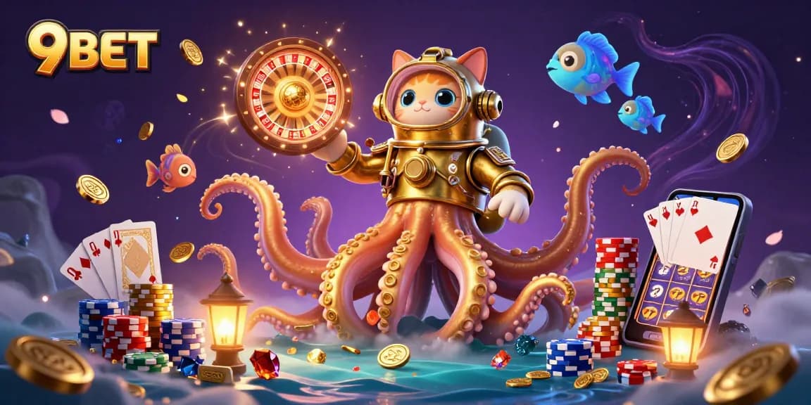Experience the thrill of 9BET's gaming universe with an immersive 3D illustration featuring a kraken, diving cat, and treasure.