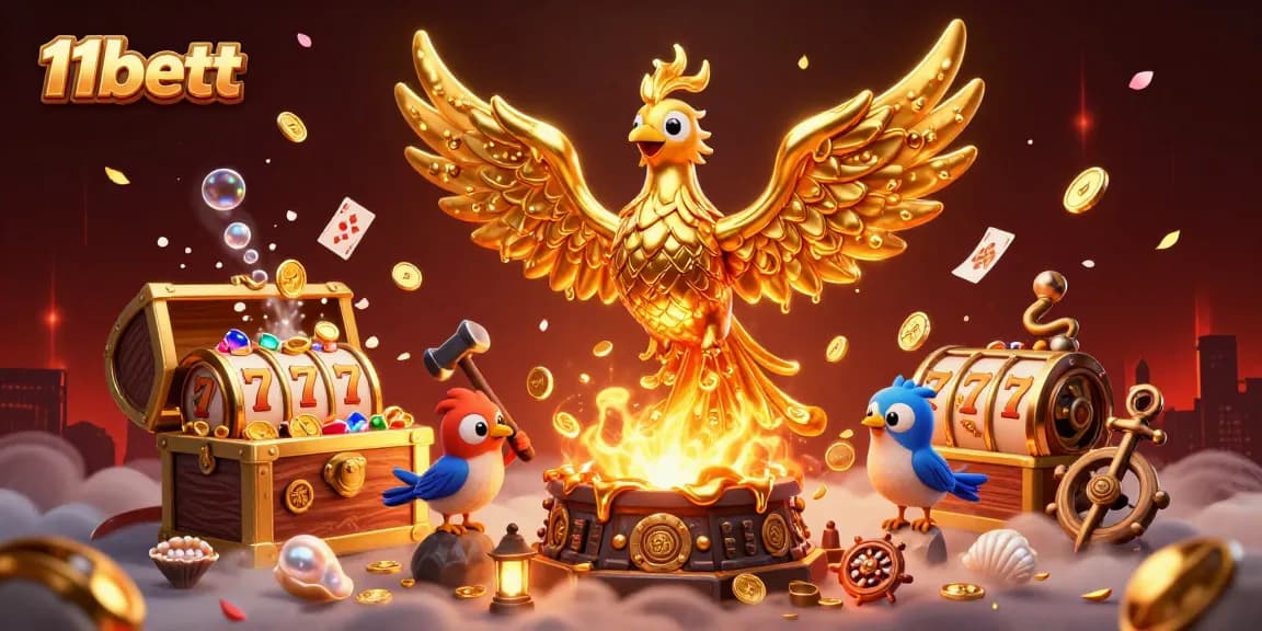 Experience the thrill of gaming at 11bett with a glowing phoenix and exciting slot elements.