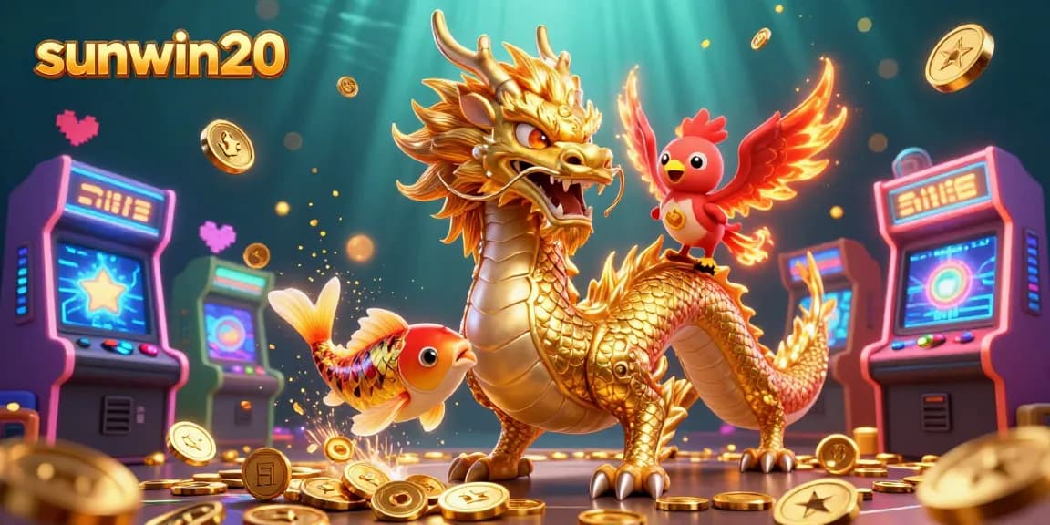 Engage with sunwin20's vibrant casino environment showcasing a golden dragon, phoenix, and koi in action.