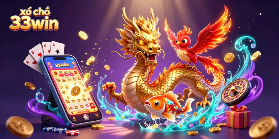 Experience the excitement of xổ số 33win with a fierce dragon, phoenix, and koi fish amid lottery vibes.
