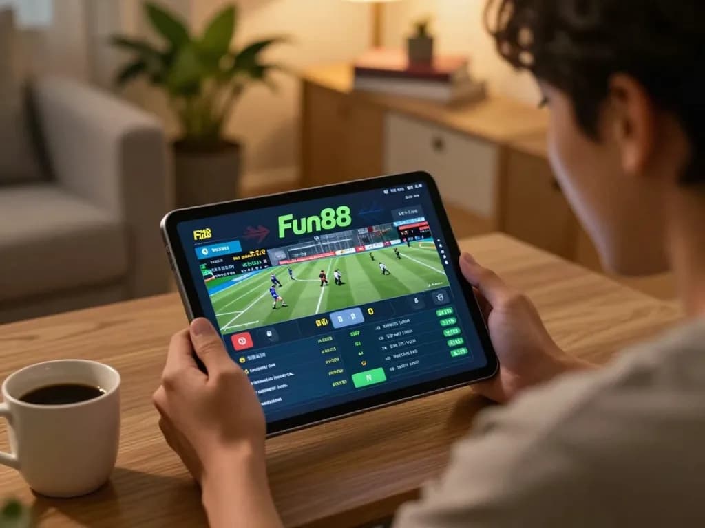 Fun88 user actively placing sports bets on a tablet in a cozy home atmosphere.