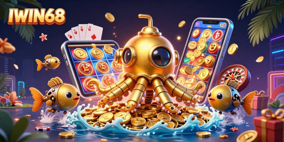 IWIN68 immerses players in a vibrant 3D casino environment filled with slot games and treasure.