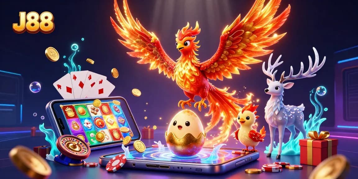 Players can enjoy vibrant games at J88 with a dazzling phoenix and mystical stag.