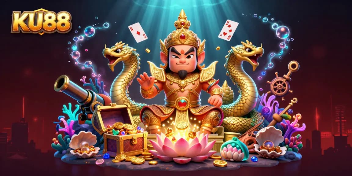 Play slots and win with KU88 at a vibrant underwater-themed casino illustration.