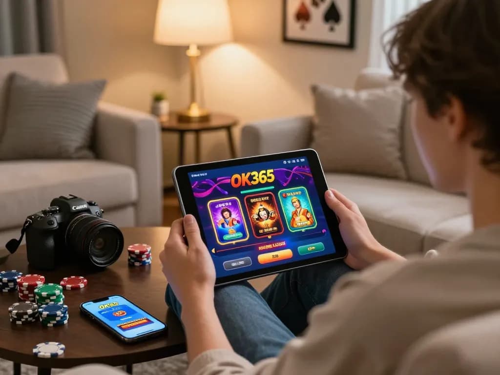 Engaging online gaming experience at OK365 with a player using tablet in a cozy home setting.