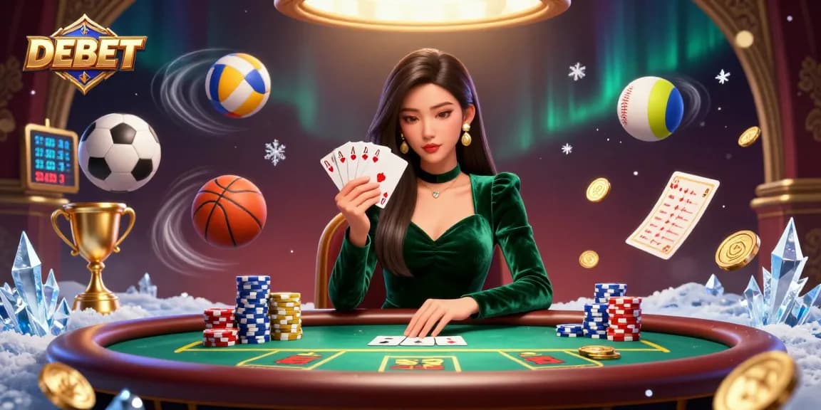 Experience the thrill of DEBET at a luxurious poker table, showcasing strategic play and vibrant casino action.