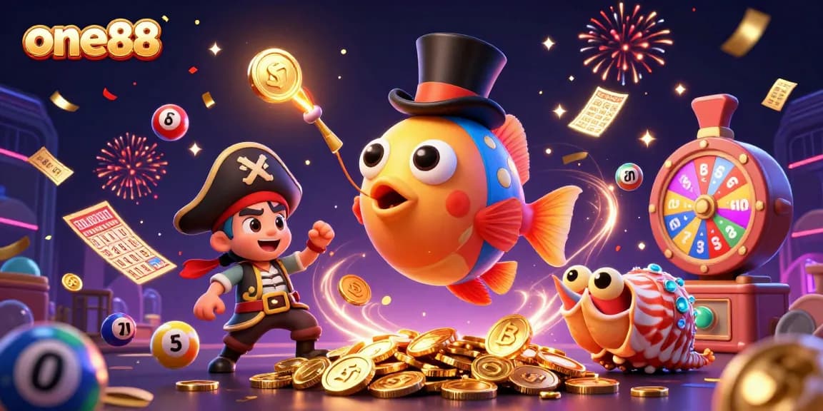 Engage with one88's thrilling lottery and gaming experience, featuring vibrant characters and exciting elements.