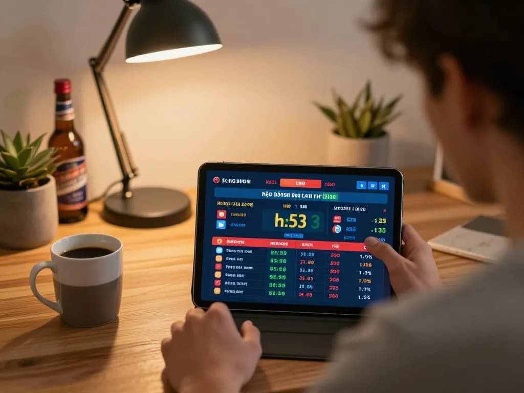 Engaging in kèo bóng đá trực tuyến betting on a tablet, warm home office atmosphere.