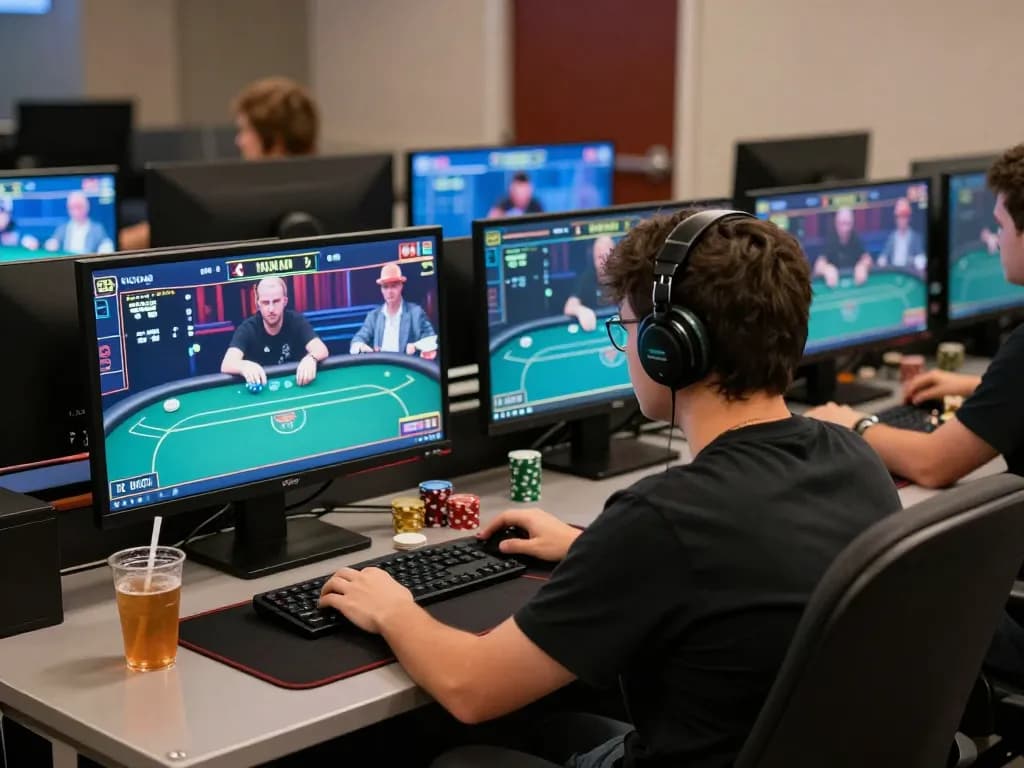 Engaging in strategic online poker gameplay at UU88 with dual screens displaying intense action