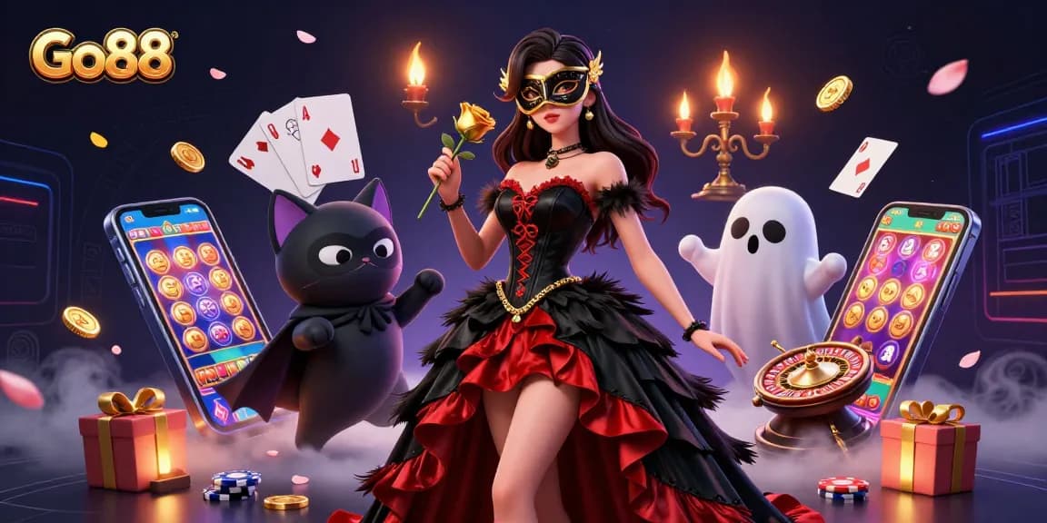 Experience the thrill at Go88 with a captivating gambling scene featuring a glamorous character and vibrant gaming elements.