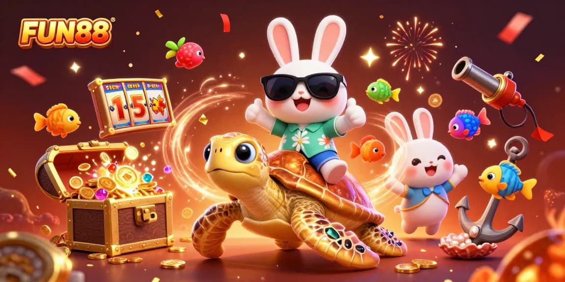Engage in thrilling FUN88 gaming adventures with a lucky rabbit and golden turtle in vibrant underwater scenery.