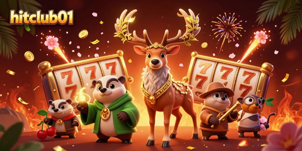 Experience the exciting world of hitclub01 with the dazzling Celtic stag amidst slot reels and festive elements.