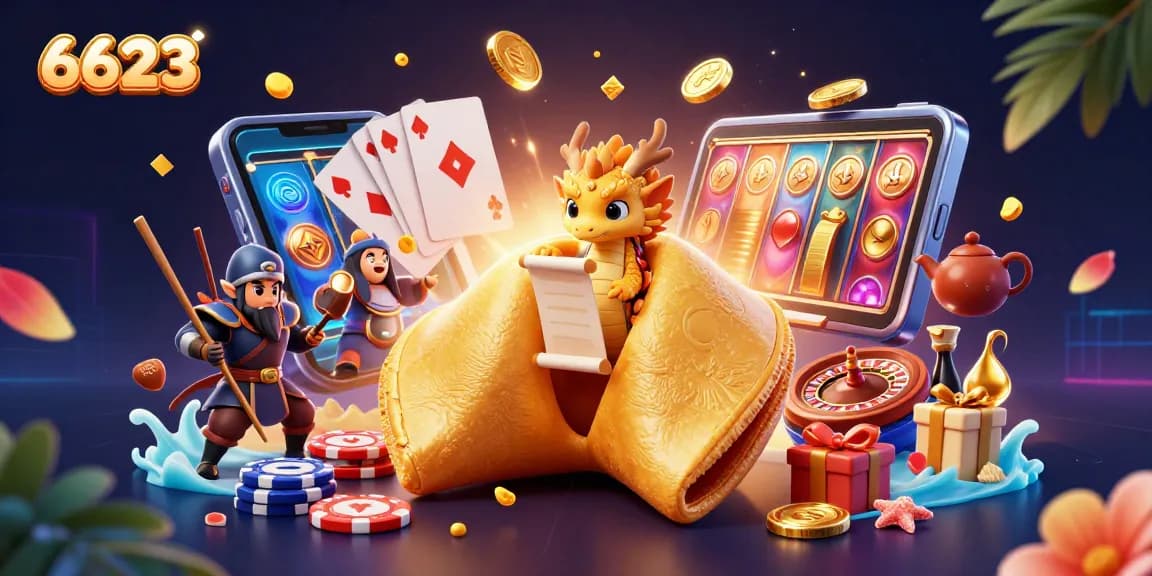 Experience thrilling wins with 6623 casino, featuring a vibrant 3D scene of a golden fortune cookie and dynamic gaming elements.