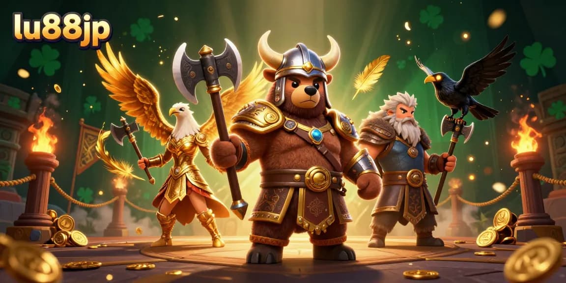 Join the thrilling action at lu88jp with a Viking bear and Valkyrie eagle in a dynamic casino scene.