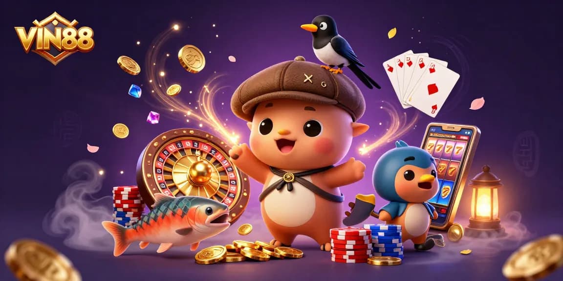Experience thrilling gameplay with VIN88 featuring a lively 3D cartoon scene of Nessie, a magpie, and tartan salmon.