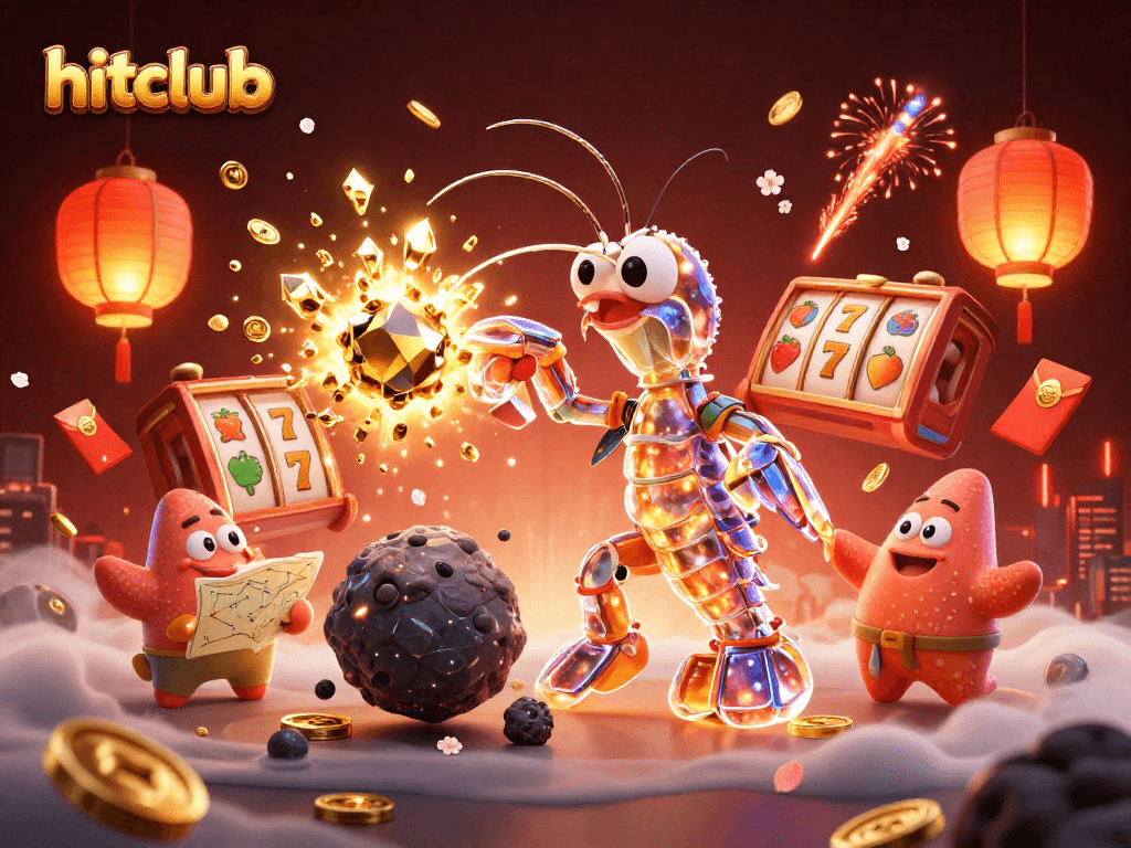 Hitclub offers exhilarating gameplay with a galactic samurai and vibrant slot elements in a colorful casino scene.