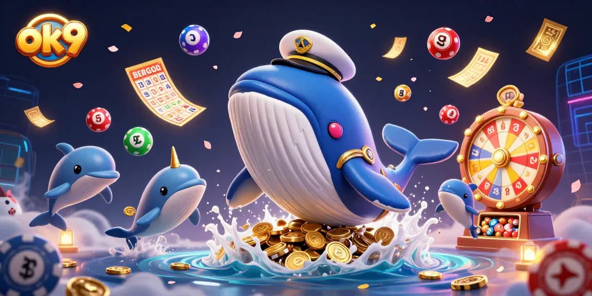 Experience winning with ok9 in a vibrant 3D casino scene featuring a whale, narwhal, and dolphins.