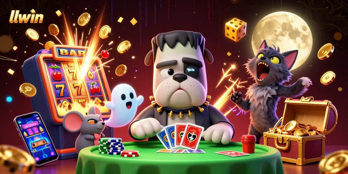 llwin casino experience with cartoon characters celebrating a jackpot, vibrant illustration filled with action