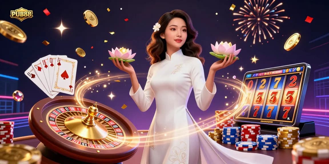 PUB88 invites players to experience dynamic casino excitement with a stunning illustration showcasing a gambler poised with a golden coin and lotus flower amidst a vibrant scene.