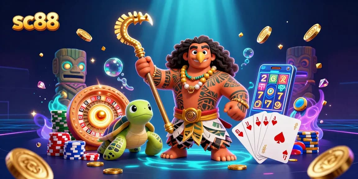 Experience the thrill of SC88 with a vibrant 3D cartoon casino scene featuring cascading coins and lucky symbols.