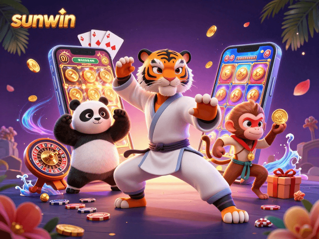 Experience the excitement of sunwin slots with a fun illustration featuring a kung fu tiger and friends.