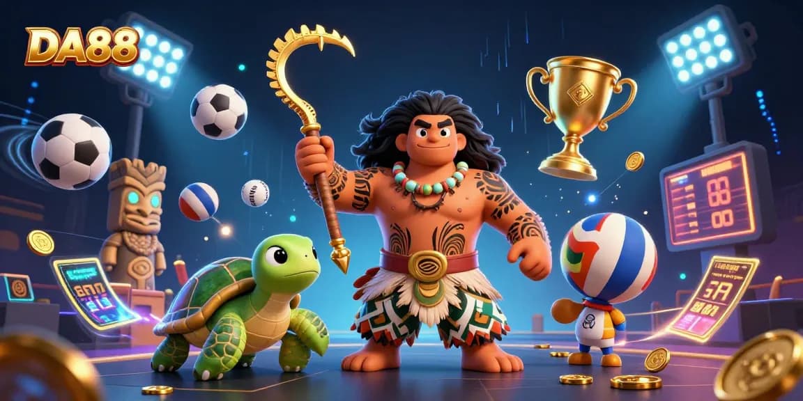 Engage in exciting betting scenarios with DA88 as a colorful demigod and turtle promote fun in a casino scene.