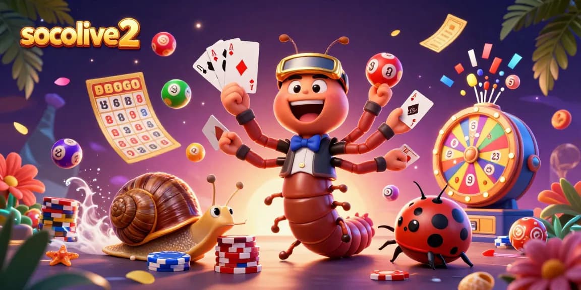 Socolive2 engages players with an exciting cartoon illustration of a millipede dealer, showcasing vibrant gambling elements.