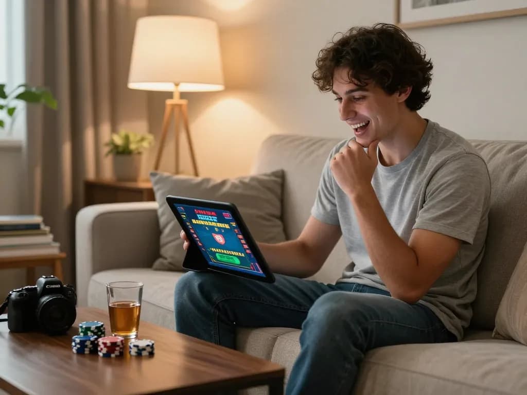 SV368 player enjoying online casino experience on tablet in a cozy living room setting