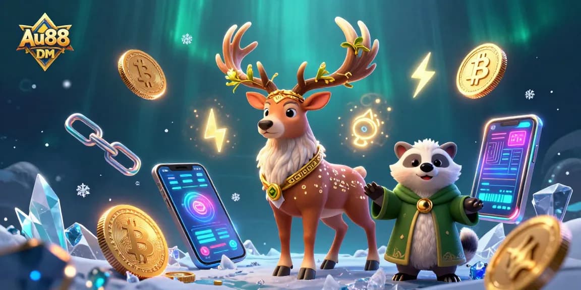 Experience thrilling gameplay at Au88 DM with illuminated crypto elements and vibrant casino imagery.
