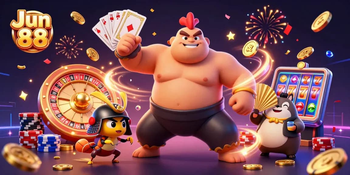 Experience the excitement of Jun 88 with a vibrant casino scene featuring dynamic characters and rich gaming elements.