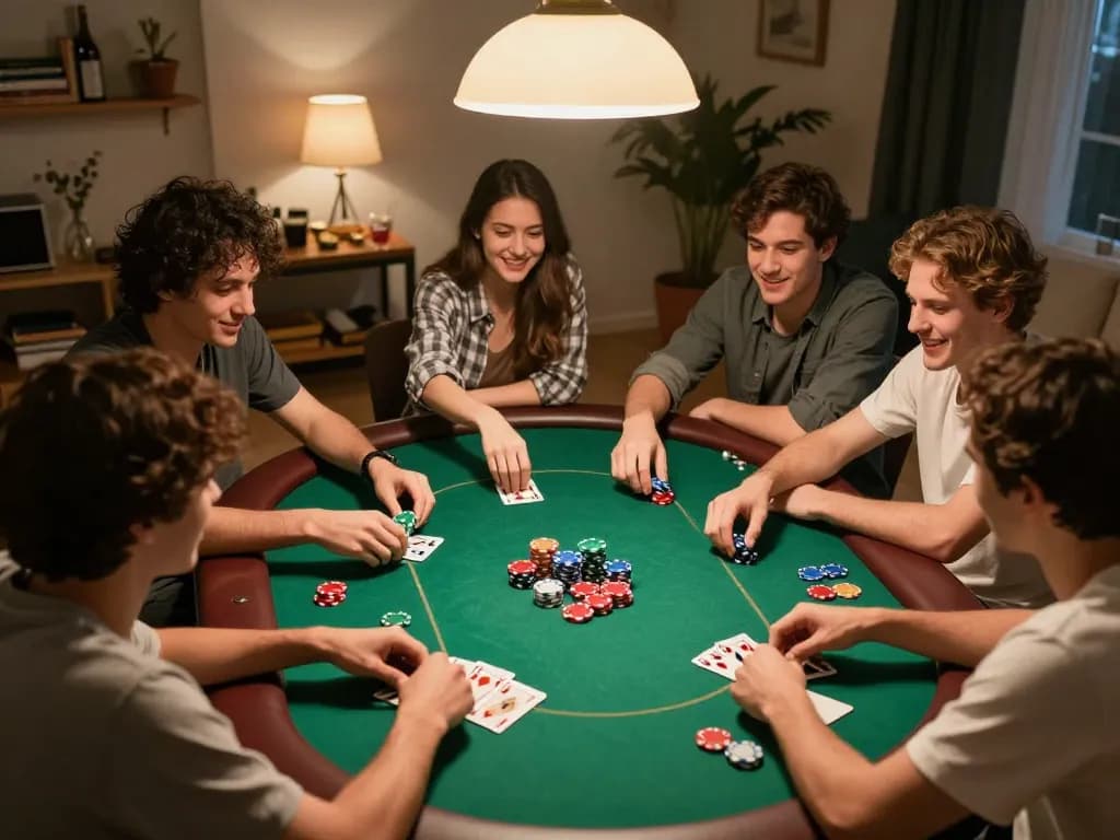 Socolive shows friends enjoying a poker night at home with vibrant chips and warm atmosphere.