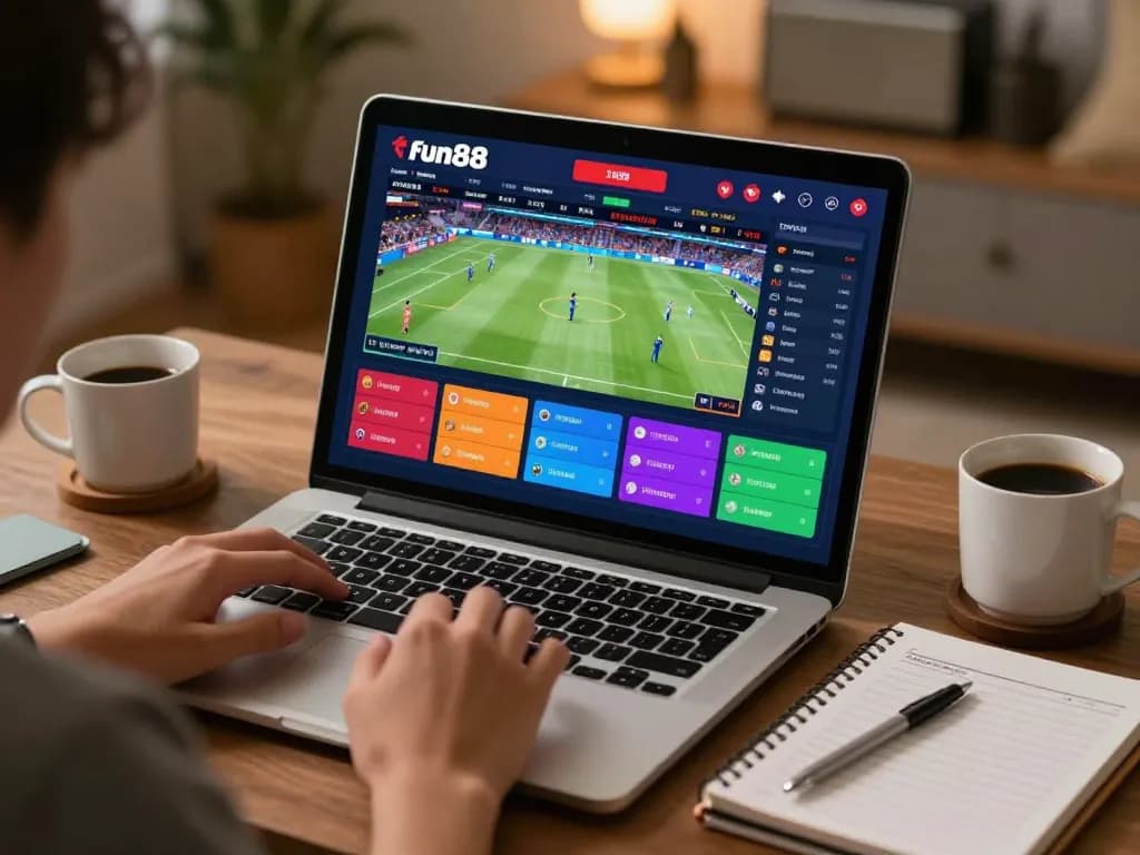 Betting on fun88 online, showcasing live sports and interactive gaming on a laptop.