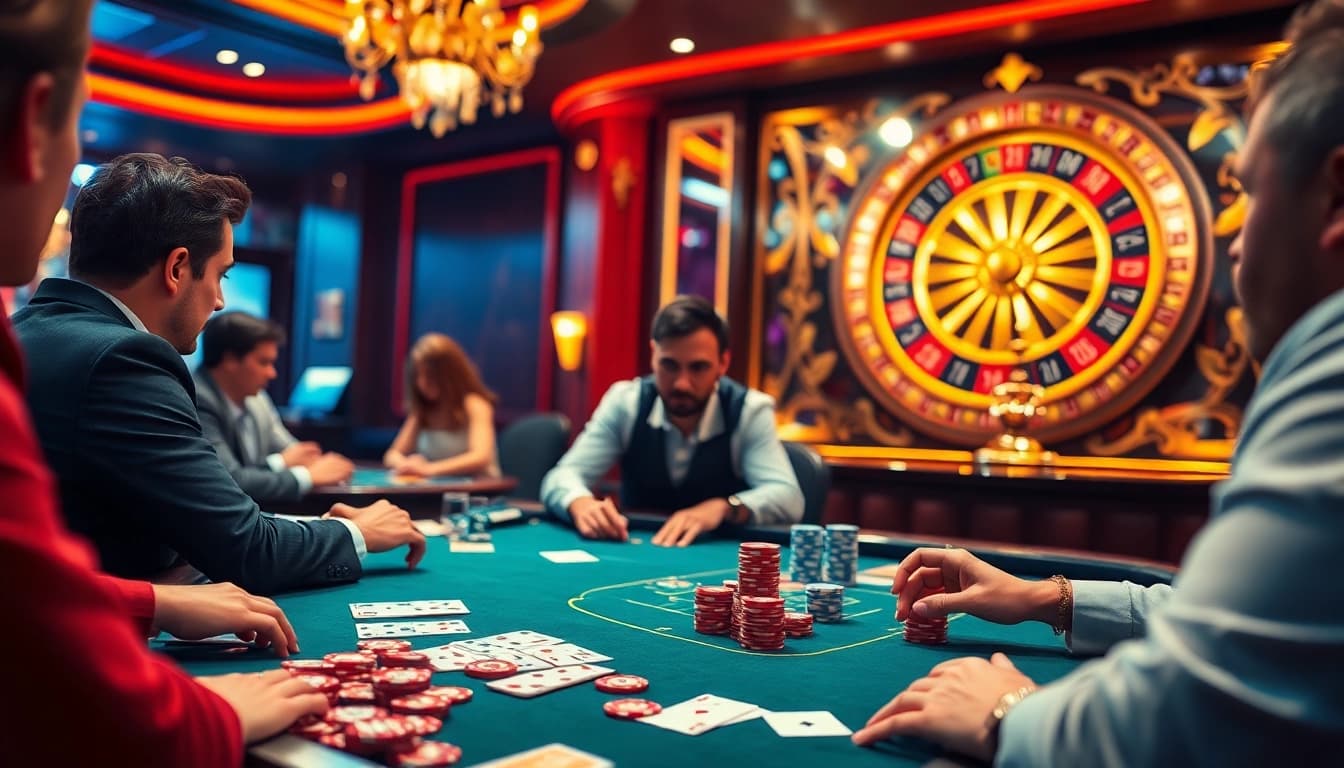 KP88 players enjoying an exciting poker game with colorful chips and cards on a luxurious table.