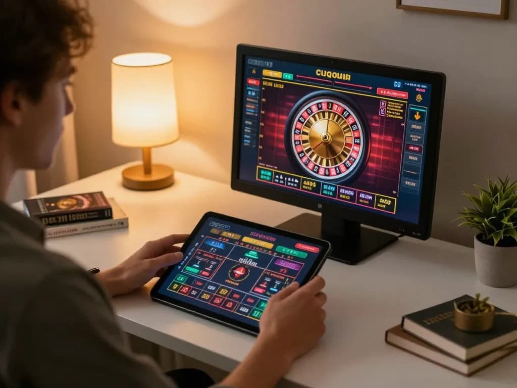 Player exploring vin88lk's live casino interface on tablet in a cozy home environment
