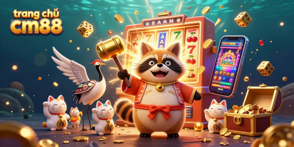 Experience the excitement of the trang chủ cm88 with a vibrant 3D casino illustration featuring a cheerful tanuki and lucky symbols.